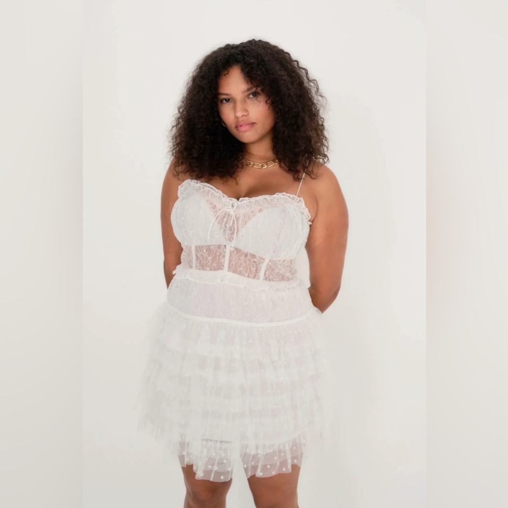 For Love And Lemons Jules Tiered White Ruffle Mini Dress with Lace - NWT